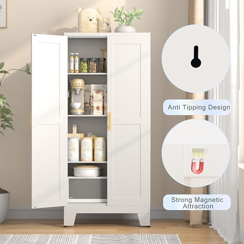 Kitchen Pantry Cabinet, Utility Cabinets for Laundry Room with Adjustable Feet and Shelves, Metal Storage Cabinet for Bathroom, Kitchen, Dining Room, Play Room and Entryway(White)
