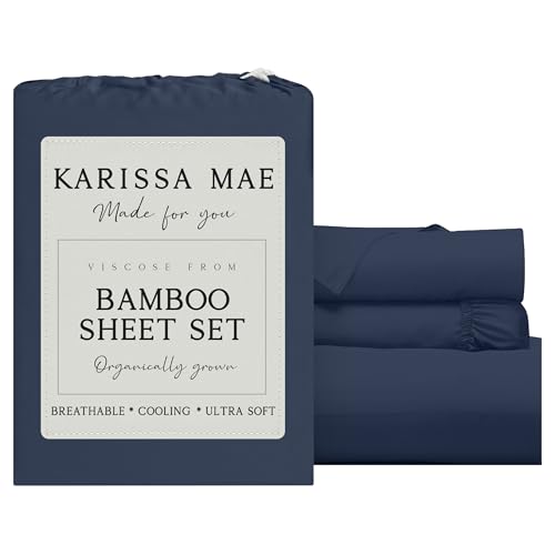 Image of KARISSA MAE Luxury Bamboo Viscose Twin Size Sheet Set | FSC Certified | Cooling | Ultra Soft | 18 inch Deep Pockets | Elastic Corner Straps | Includes Organizer Band [Navy]