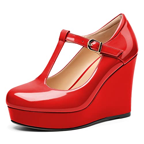 Soireelady Women's Wedges Heel Pumps Closed Round Toe Platform Heels T-Strap Buckle Wedges Platform High Heel Pump Shoes Dress Wedding Party Pumps 4Inch