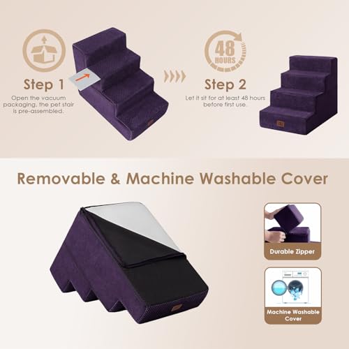 Image of EHEYCIGA Dog Stairs for Bed 18 inch H, 4-Step Dog Steps for High Bed, Pet Steps for Small Dogs and Cats, Non-Slip Balanced Pet Ramp Indoor, Purple