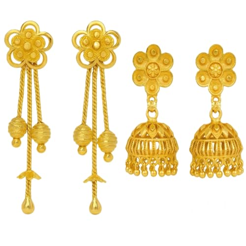 Image of DEW MAT Traditional Gold Plated Jhumka & Floral Dangler Earrings for Women & Girls | Lightweight Ethnic Temple Style Indian Drop Earrings | Festive & Wedding Fashion Jewellery | Gold Tone