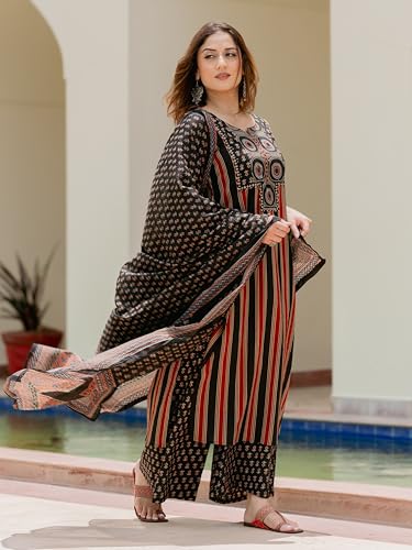 Image of Arayna Women's Pure Cotton Printed Kurta Pant Dupatta Set | Ajrakh-Inspired Ethnic Suit Set | Straight Fit 3-Piece Set for Women
