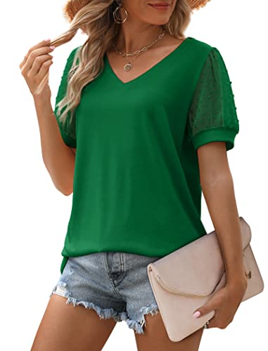 Image of Aokosor Womens Summer Tops V Neck T Shirts Swiss Dot Puff Sleeve Tops Loose Casual Tshirts