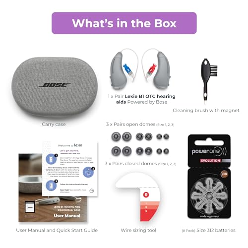 Lexie B1 OTC Hearing Aids Powered by Bose - Bluetooth Enabled Hearing Aids with Invisible Fit and All Day Comfort, App Control, Noise Reduction and Self-Fit Solution, Replaceable Batteries, Gray
