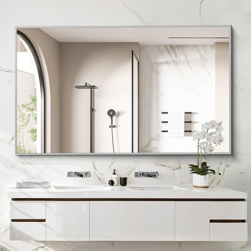 COFENY Espejo de baño de níquel cepillado de 36 x 60 pulgadas, espejo rectangular plateado con marco, espejo de pared rectangular grande para baño, sala de estar, peluquería, espejo grande para colgar