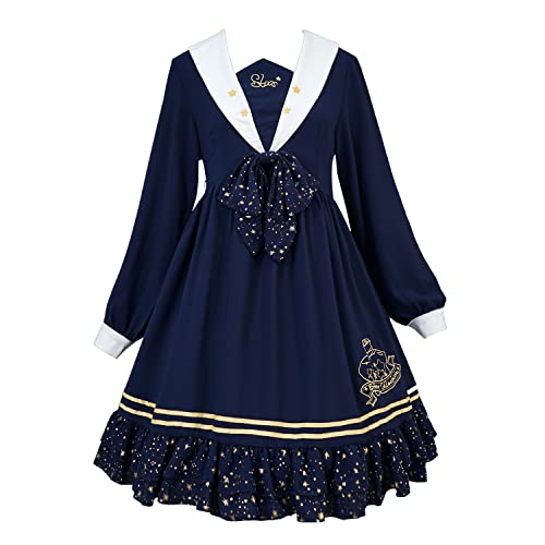 Teens' Kawaii Japanese Style Casual Princess Dress Sweet Embroidery Long Sleeve A-Line Short Dress Blue