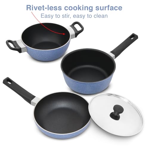 Image of Hawkins Quik Nonstick Induction 4 Piece Cookware Set of Deep Kadhai, Frying Pan, Saucepan and Stainless Steel Lid | Kitchen Gift Pack | Grey (IQGP1)