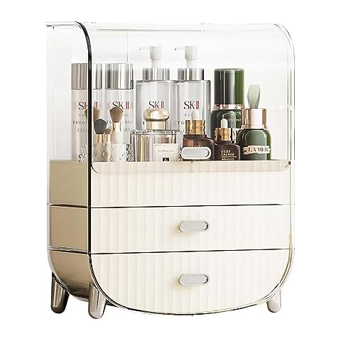 DASITON Makeup Storage Organizer,Makeup Brush Holder,Cosmetics Display Case with 2-Layer Storage Box and Transparent Cover,For Bathroom,Dresser,Ideal Gifts for Women（Cream L01） Cover