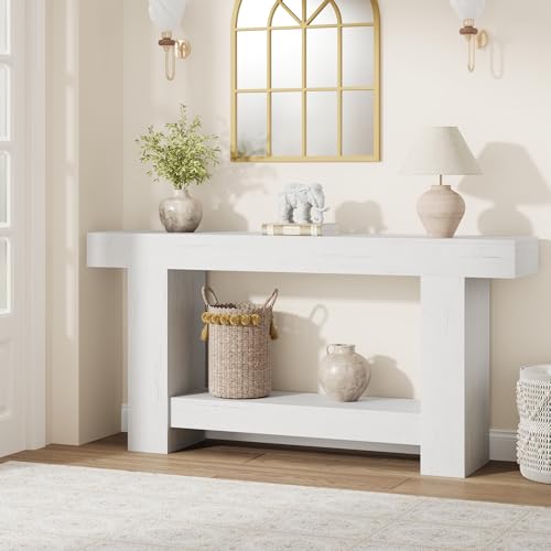 CABIHOME 63 Inches Farmhouse Console Table, 2-Tier Entryway Table with h-Shaped Base, Narrow Entry Table Long Sofa Table Wood Hallway Accent Table for Entrance, Hallway, Living Room (White)