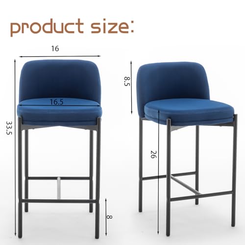 Butacos de altura para barra, juego de 4, diseño moderno con respaldo curvo, tapizados en terciopelo azul para isla de cocina, comedor, cafetería o pub miniatura 2