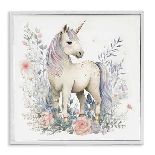 'Unicorn in Delicate Floral Forest'| Framed Giclee Art