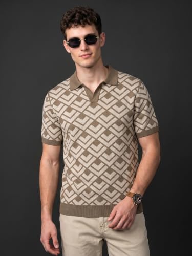 Image of Veirdo Men's Flatknit Printed Half Sleeve Polo T-Shirt with Collared Neck, Loose Comfortable Fit, Casual Style for Office, Travel, (Sizes S to 2XL)