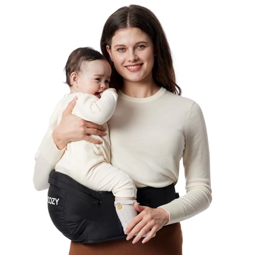 Momcozy Hüftsitz-Babytrage - Originaler 3D-Bauchschutz & EVA-Massageplatte mit verschiedenen Taschen für Neugeborene und Kleinkinder bis 20 kg(Schwarz Groß)