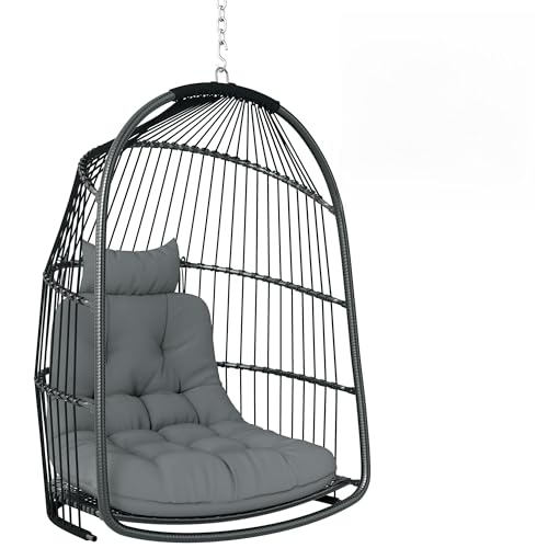 Outsunny Poltrona Sospesa a Uovo in Rattan con Gancio, Cuscini Imbottito e Poggiatesta, Sedia a Dondolo da Giardino Pieghevole in Acciaio, per Interni ed Esterni, 74x68x105cm, Grigio Scuro
