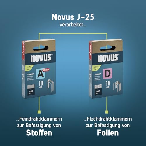 NOVUS TOOLS Handtacker J-25 Set mit 1800 Klammern │ Kleiner 2-in-1 Metall-Tacker für Holz mit Softgrip-Hebel und Unterlademechanik │ Für Feindraht- und Flachdrahtklammern von 4 bis 10 mm