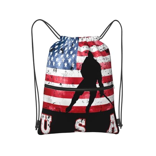 SEOCKA American Flag Ice Hockey Drawstring Backpack Gym Bag Sackpack Zipper Cinch Sports Backpack For Men Women
