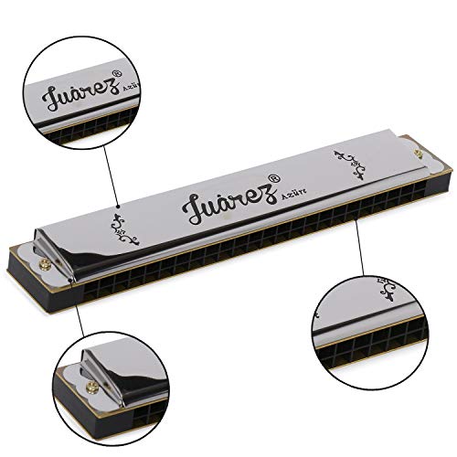 Image of JUAREZ JRH24A Professional Blues Harmonica Key of C Scale | Mouth Organ | Cover - Stainless Iron | Comb - Abs | Reed - Brass with Case Silver