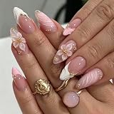 24 Stück Press on Nails Mandelform Mittellang Rosa Weiß, 3D Blumen Design mit Goldfarbenen Perlen, Glänzende Künstliche Nägel zum Aufkleben, Falsche Nägel für Damen Nail Art