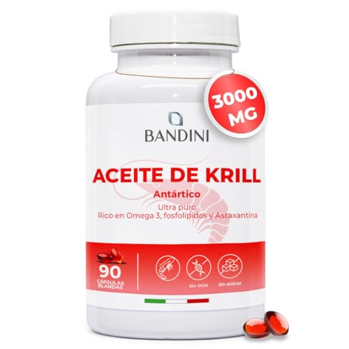 Bandini® Aceite de Krill Omega 3 Antártico 3000 mg | 465 mg DHA y EPA, 1200 mg Fosfolípidos Marinos, Fuente de Astaxantina Natural y Omega 3 | Más biodisponible que el aceite de pescado   90 Cápsulas
