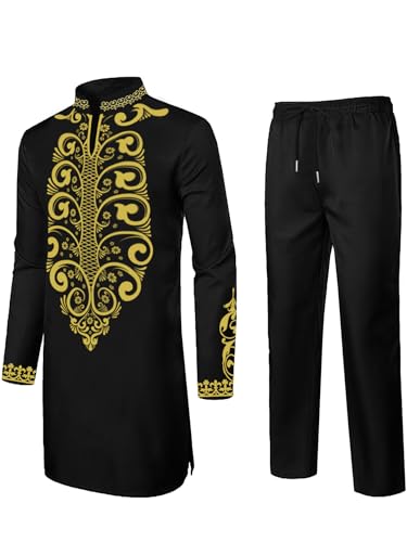 Daupanzees Mens African 2 Piece Set Long Sleeve Gold Print Dashiki and Pants Outfit Traditional Suit2