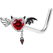 Heart Devil Nose Ring for Women Red Cubic Zirconia Hearts Wing Stainless Steel L-Shaped Nose Stud with Dangling Charm Nostril Rings Piercing Jewelry