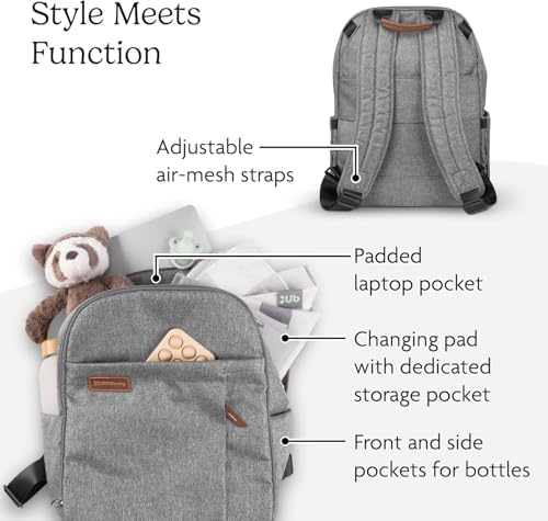 Image of UPPAbaby Changing Backpack - Multiple Storage Compartments - Side Bottle + Laptop Pockets - Trolley Sleeve - Stroller Strap Attachment - Ada -Sandstone Melange | Chestnut Leather