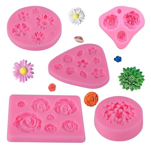 Silicone Flower Moulds 5 PCS - 3D Rose, Daisy Mould for Fondant, Chocolate, Icing, Polymer Clay, Wax Melts, Cake Decorating, Baking, Soap, Candy, Jelly, Sugarcraft Silicone Flower Moulds 5 PCS - 3D Rose, Daisy Mould for Fondant, Chocolate, Icing, Polymer Clay, Wax Melts, Cake Decorating, Baking, Soap, Candy, Jelly, Sugarcraft