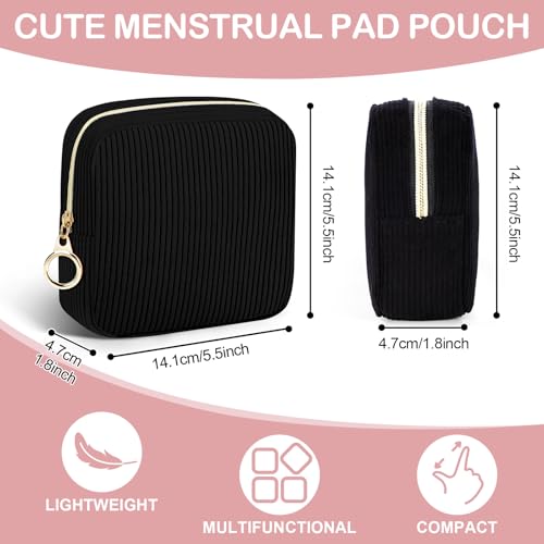Image of Corduroy Period Pouch with Strawberry Charm Discreet Sanitary Napkin Storage Bag Cute Menstrual Pad Pouch Tampon Bag for Purse Wristlet Makeup Bags Black