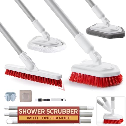 BOSMIOW 4-Pack Stiff Scrub Brushes With Long Handle - Heavy Duty For Bathroom, Shower, Tile & Sink