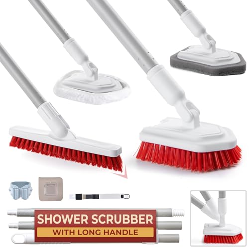 Shower Scrubber with Long Handle, Stiff Bristles Grout-Brush, Tub Scrub-Brush with Long-Handle, Shower-Cleaner Brush, Grout Cleaning Brush for Tile floors, Scouring Pad & Microfiber Cloth for Bathroom