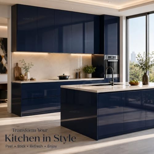 Image of HOME13 Navy Blue Glossy Wallpaper Self Adhesive Dark Blue Wallpaper Peel and Stick Contact Paper for Cabinets and Drawers Wall Paper for Bedroom Vinyl Removable (20x80 Inch)
