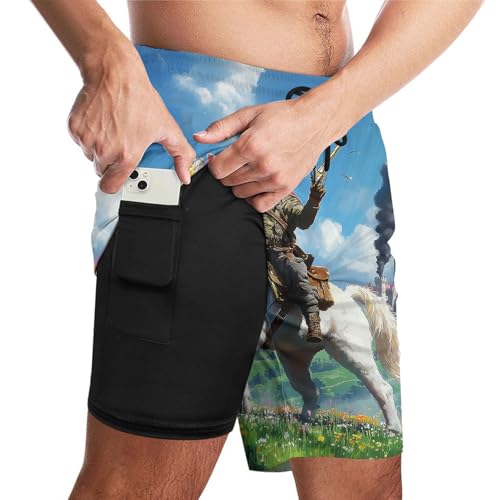 Men's Funny Cat Riding Unicorn with Gun Swim Trunks Boardshort Beach Shorts2
