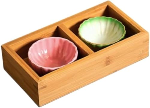 niubpulse 木製寿司箱 寿司盛り台 ネタ箱 目皿 刺身盛台 九宮格料理ケース 寿司プレート 竹箱 パンの皿 和食器 前菜お菓子 デザート お寿司 お刺身 高級料亭 寿司屋 キッチン ホテル レストラン 家庭用 業務用 (2穴+小皿,A)