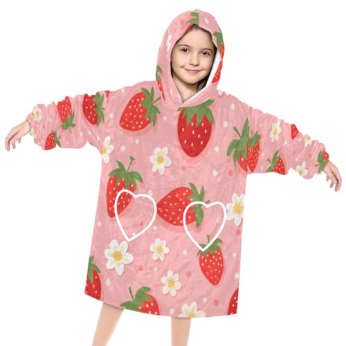 Pardick Wearable Blanket Hoodie for Kids, Strawberry Flowers Fleece Sweatshirt Blanket Oversized Blanket Sweatshirt with Pocket Flannel Warm Hooded Blanket 6-10 Year Old Girl Boy Gift, One Size