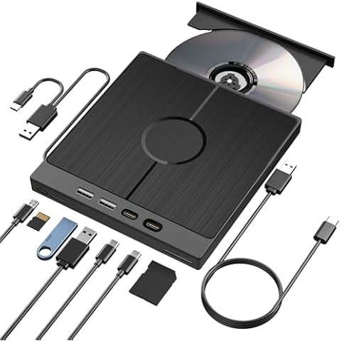 External CD DVD Drive With 2 USB+2 Type C Ports And 2 TF/SD Card Slots,7 in 1 USB 3.0 Portable CD/DVD Drive Player Burner Reader Writter For Laptop PC Compatible With Windows 7 8 10 11 XP Linux Mac OS Cover