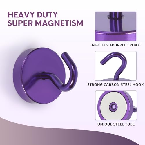 Image of Neosmuk Magnetic Hooks Steel Tube Design for Cruise,80lb+ Purple,10 Pack | Cruise Ship Essentials,Heavy Duty Magnett Hooks for Cabins, Refrigerator, Grill, Hanging, and Travel Extra Strong Must-Haves