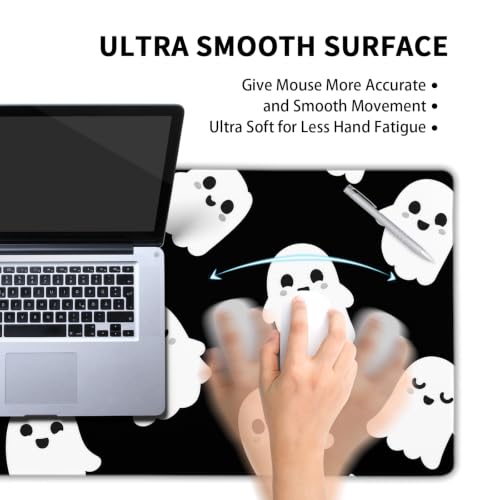 Image of Halloween Cute Ghost Mouse Pad Kawaii Cartoon Spooky Funny Spirit Extended Desk Mat Non-Slip Rubber Base Stitched Edge Large XL Black White Mousepad for Desk Gaming Laptop Desktop,31.5x11.8 Inch