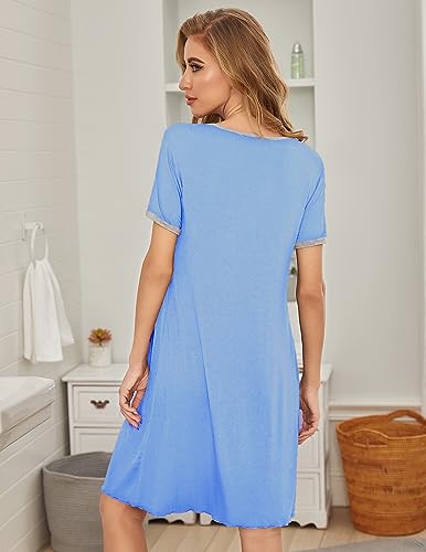 Image of Ekouaer Women's Nightgown Short Sleeve Sleepwear Comfy Sleepshirts Pleated Scoopneck Nightshirt S-XXXL