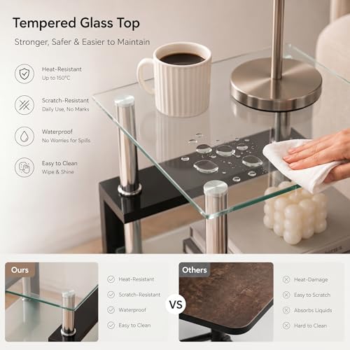 Image of Meihua Glass End Table, Square Glass Side Table, 2-Tier Modern Nightstand with Metal Legs for Living Room&Bedroom (Transparent, 1pc)