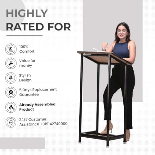Image of Teachers /podium /portable durable lecture stand of cast iron support frame with powder coated paint and wooden top (Blue, With Four Pipe Support)