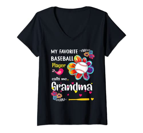 Mujer Mi jugador favorito de béisbol me llama abuela béisbol flor Camiseta Cuello V
