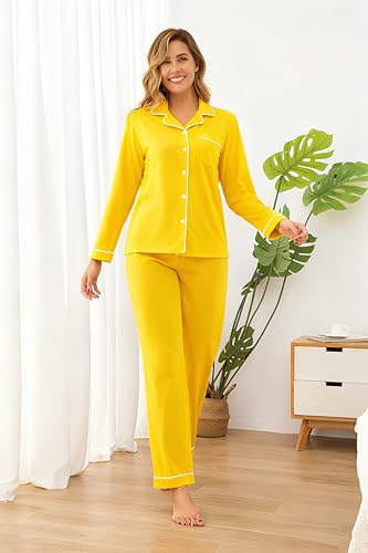 Image of 100% Cotton Pajama Sets for Women 2 Piece Long Sleeve Button Down Pjs Soft Comfy Ladies Sleepwear Lounge Sets S-XL