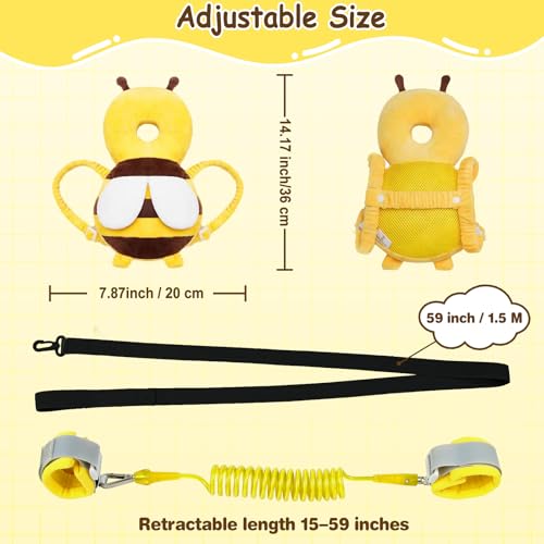Baby Head Protector Backpack with Toddler Leash, Anti Lost Wrist Link, Adjustable Toddler Head Protection Backpack, 3 in 1 Cute Baby Fall Back Head Protector for Crawling Walking Gifts(Yellow Bee)