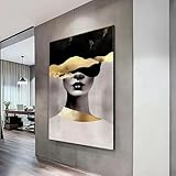 XBTYKPB Portrait abstrait de femme, tableau aux accents dorés, peinture de visage minimaliste, toile en noir et blanc, décoration intérieure de luxe (80x120cm/sans cadre)