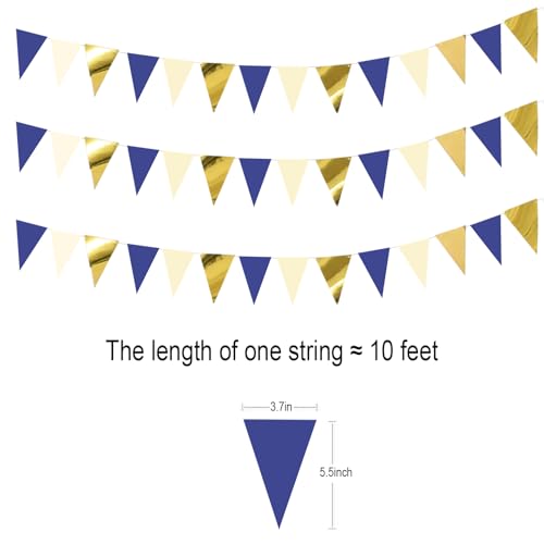 Image of Blue Gold Beige Hanging Triangle Flag Pennant Garland Blue Gold Hanging Paper Pennant Streamer Paper Triangle Flag Bunting Banner for Graduation Wedding Birthday Party Decorations 30 Feet