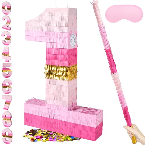 PCFING 20 In Number 1 Piñata Set Pink Gold for Birthday Party Decorations