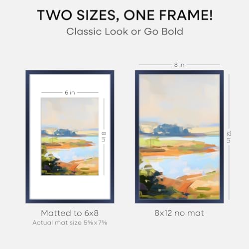 Image of Homeforia 8x12 Blue Picture Frame, High-End Metal, 6x8 Mat, Glass | High End Aluminum, Tempered Glass, Acid-Free 6x8 Removable Mat, 8x12 in Edge-to-Edge Display 12x8, Wall Kit, Set Of 2