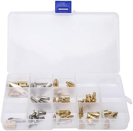 Open clear plastic storage box filled with various brass and silver-colored pyrography and soldering tips.