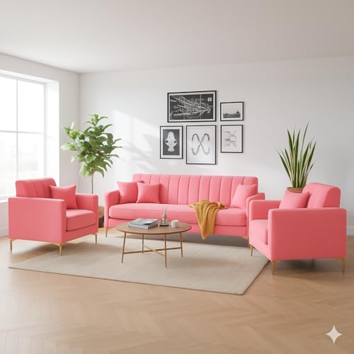 Image of 3+1+1 Seater Velum Fabric Sofa Set for Living Room, Modern Design with High Density Foam, Solid Wood Frame, Ergonomic Comfortable Seating for Home & Office (Baby Pink, 3+1+1) | Soft foam comfort, Strong wood frame