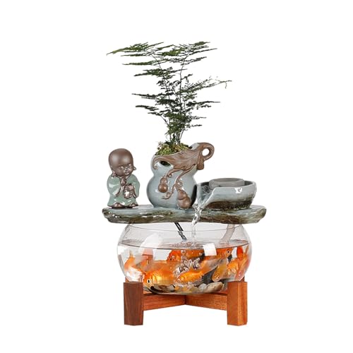 Fountain Fuente de Cascada de Interior, Escultura de Monje de cerámica, decoración Feng Shui Zen, Fuente de Agua de Mesa, pecera de acrílico for meditación Waterfall
